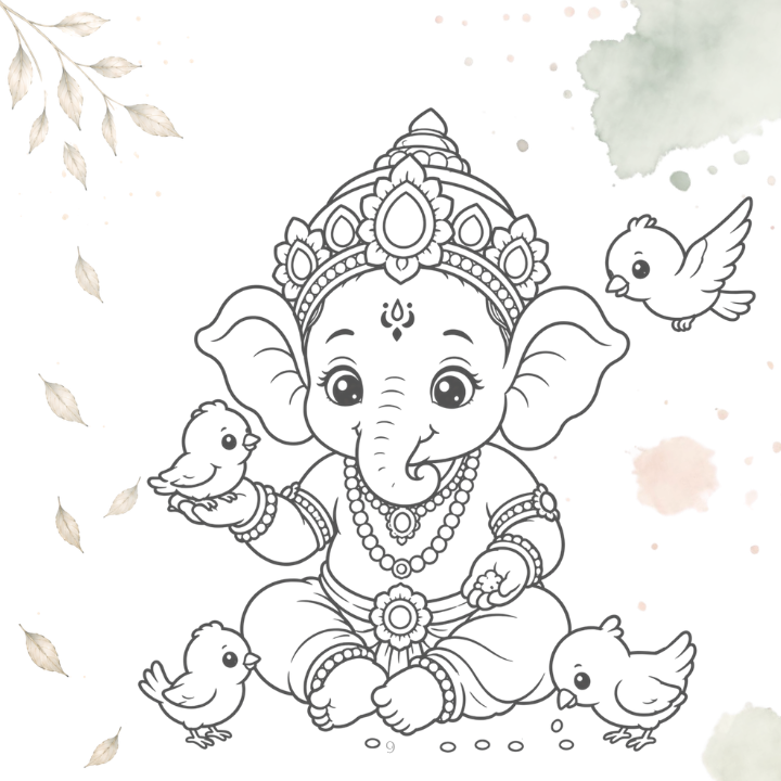 Ganesha with birds colouring page with watercolour leaf accents