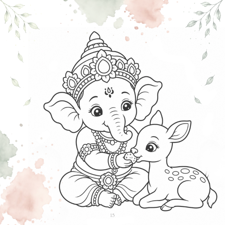 Ganesha with a deer colouring page with watercolour botanical border