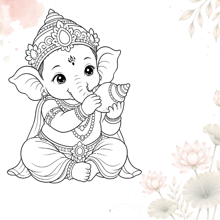 Baby Ganesha with lotus flowers colouring page