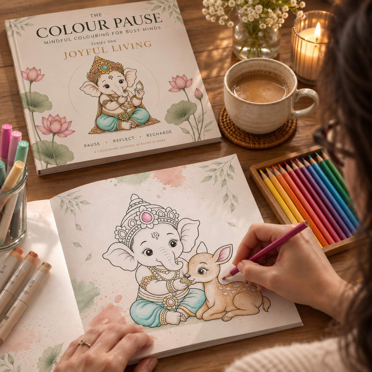 Baby Ganesha resting colouring page with watercolour floral accents